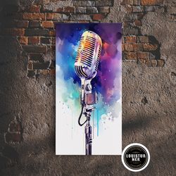 framed canvas ready to hang, neon graffiti splatter paint microphone art, vintage microphone painting framed canvas prin