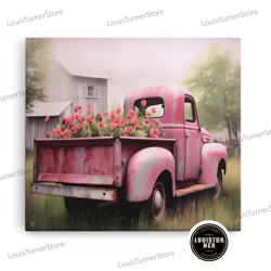 framed canvas ready to hang, old pink truck used as a flower bed, framed canvas print or poster, rustic farmhouse decor,