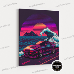 framed canvas ready to hang, outrun style sports car pixel art, on the beach, framed canvas print, retro style synthwave