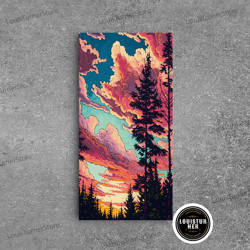 framed canvas ready to hang, pacific northwest forest landscape wall art, framed canvas print, pink cloudy sunset sky, a