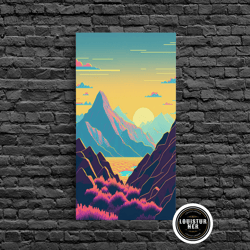 framed canvas ready to hang, peach sunset, fantasy mountain landscape art, framed canvas print, minimalist art deco insp