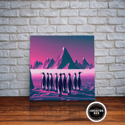 framed canvas ready to hang, penguins on the nice, cute animal prints, framed canvas print, synthwave vaporwave art