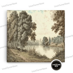 framed canvas ready to hang, pine tree wall art canvas print, oil painting landscape wall art, vintage nature framed lar