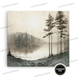 framed canvas ready to hang, pine tree wall art, framed canvas print, oil painting landscape wall art, vintage nature fr
