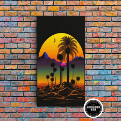 framed canvas ready to hang, pop art framed canvas print of desert landscape at sunset, outrun style sunset full moon ar