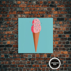 framed canvas ready to hang, pop art ice cream cone with sprinkles, retro style framed canvas print art, turquoise art,