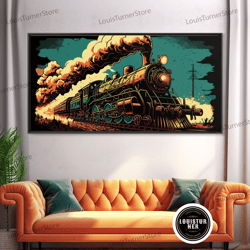 framed canvas ready to hang, pop art steam train, framed canvas print, cool wild west decor, western art, framed colorfu
