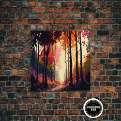 framed canvas ready to hang, pop art style fall forest landscape, framed canvas print, unique living room wall art, abov