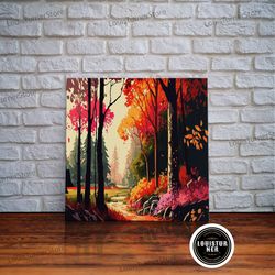 framed canvas ready to hang, pop art style fall forest landscape, framed canvas print, unique living room wall art, abov