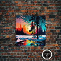 framed canvas ready to hang, pop art style water color of a winter forest minimalist contemporary art framed canvas prin