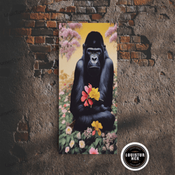 framed canvas ready to hang, portrait of a happy gorilla holding flowers, framed canvas print, ready to hang framed wall