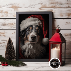 framed canvas ready to hang, portrait of an australian shepherd in a santa hat, christmas art, christmas decor, christma