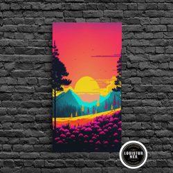 framed canvas ready to hang, retro pop art landscape, surrealist psychedelic art, framed canvas print, nature art