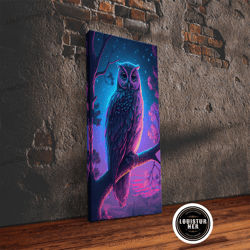 framed canvas ready to hang, retro style owl art, framed canvas print, outrun style owl at midnight under a starry sky