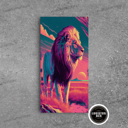 framed canvas ready to hang, retro style pastel art, watercolor painting of a lion, framed canvas print, vaporwave aesth