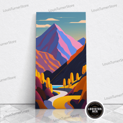 framed canvas ready to hang, retro style purple mountain landscape, framed canvas print, mcm style art, framed wall art,