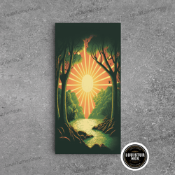 framed canvas ready to hang, retro style sunset art, art deco style landscape decor, framed canvas print, sunrise golden