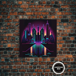 framed canvas ready to hang, retro style synthwave wireframe city, outrun style, framed canvas print, 80s vibes art