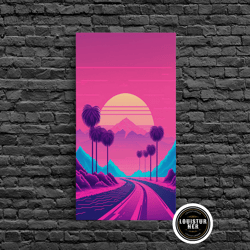 framed canvas ready to hang, retro synthwave 80s vibes sunset over the mountains and palm trees, highway, framed canvas