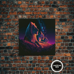 framed canvas ready to hang, retro synthwave style lion art, african wildlife, framed canvas print, pastel tones wall de