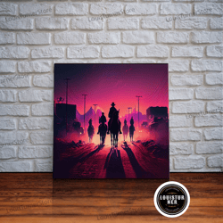 framed canvas ready to hang, retro synthwave style post-apocalyptic cowboys, framed canvas print, retro outrun style wil