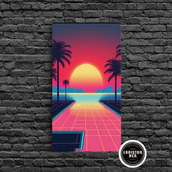 framed canvas ready to hang, retro synthwave sunset canvas print w infinite pool palm trees framed wall decor framed ca