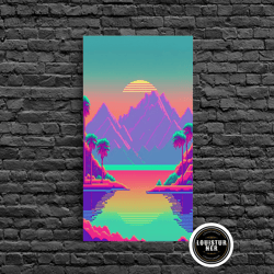 Framed Canvas Ready To Hang, Retro Vaporwave Aesthetic Pixel Art Sunset, Turquoise And Pink Fantasy Landscape Art, Gamer