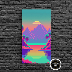 framed canvas ready to hang, retro vaporwave aesthetic pixel art sunset, turquoise and pink fantasy landscape art, gamer