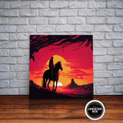 framed canvas ready to hang, retro wildwest sunset art, framed canvas print, native american warrior on horseback