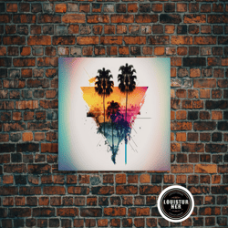 framed canvas ready to hang, retrowave synthwave sunset behind beautiful palm trees, 1980s style retro home decor, frame