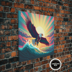 framed canvas ready to hang, retrowave bald eagle, pastel sunset, framed canvas print
