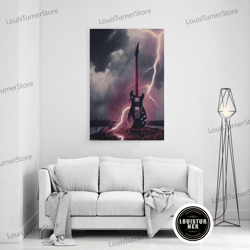 framed canvas ready to hang, rock n roll art, lightning striking a black electric guitar, framed canvas print, wall art,