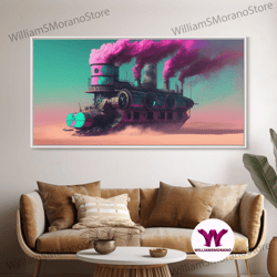 decorative wall art, futuristic steampunk cyberpunk mashup art, steampunk riverboat in a desert, framed canvas print, sc