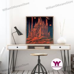 decorative wall art, gothic red eerie castle fine art print, wall poster, wall art print