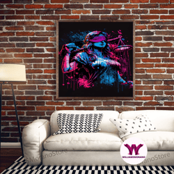 decorative wall art, graffiti art, lady justice, vaporwave cyberpunk justice is blind, fine art poster print