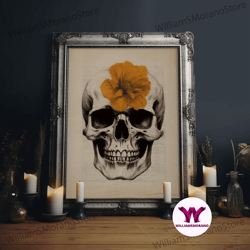 decorative wall art, halloween skull charcoal sketch canvas print, halloween wall art, macabre painting, death mask