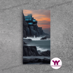 decorative wall art, midcentury modern house on a cliff, seaside home wall art, canvas print