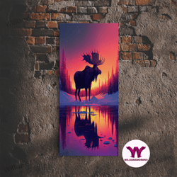 decorative wall art, moose of canada, retrowave inspired nature art, framed canvas print, cabin art, colorful farmhouse