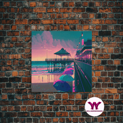 decorative wall art, neon beach, cool beach house wall decor, synthwave pier and boardwalk, framed canvas print, framed