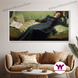 decorative wall art, one of those days, conked out on the couch, decadent young woman, gilded age inspired victorian fem