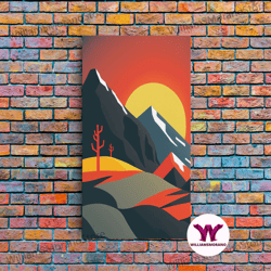 decorative wall art, orange sky and sunset over a mountain landscape, framed canvas print, minimalist abstract art