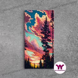 decorative wall art, pacific northwest forest landscape wall art, framed canvas print, pink cloudy sunset sky, abstract