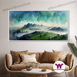 decorative wall art, panoramic blue green mountain valley watercolor canvas art print, misty rolling hills landscape, ex
