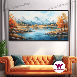decorative wall art, panoramic gold brown mountain valley watercolor art print on canvas, misty rolling hills landscape