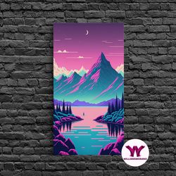decorative wall art, pink and purple fantasy mountain art, framed canvas print, pacific northwest inspired fantasy art,