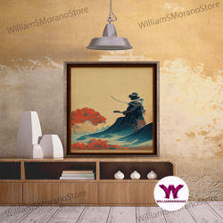 decorative wall art, red and blue japanese samurai warrior wall poster, fine art print