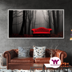 decorative wall art, red sofa in a forest framed canvas print, thought provoking art, framed art, creepy photography, ha