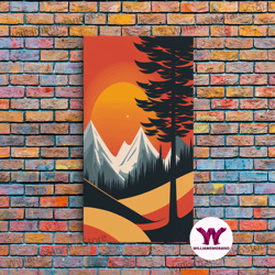 decorative wall art, retro landscape art, sunset over the mountains, framed canvas print, minimalist pop art, above sofa