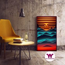 decorative wall art, retro landscape mountains sunrise sunset colorful fine art print, red blue yellow wall poster