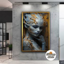 decorative wall art, decorate the living room, bedroom and workplace, alien woman canvas art, grey and gold woman wall a